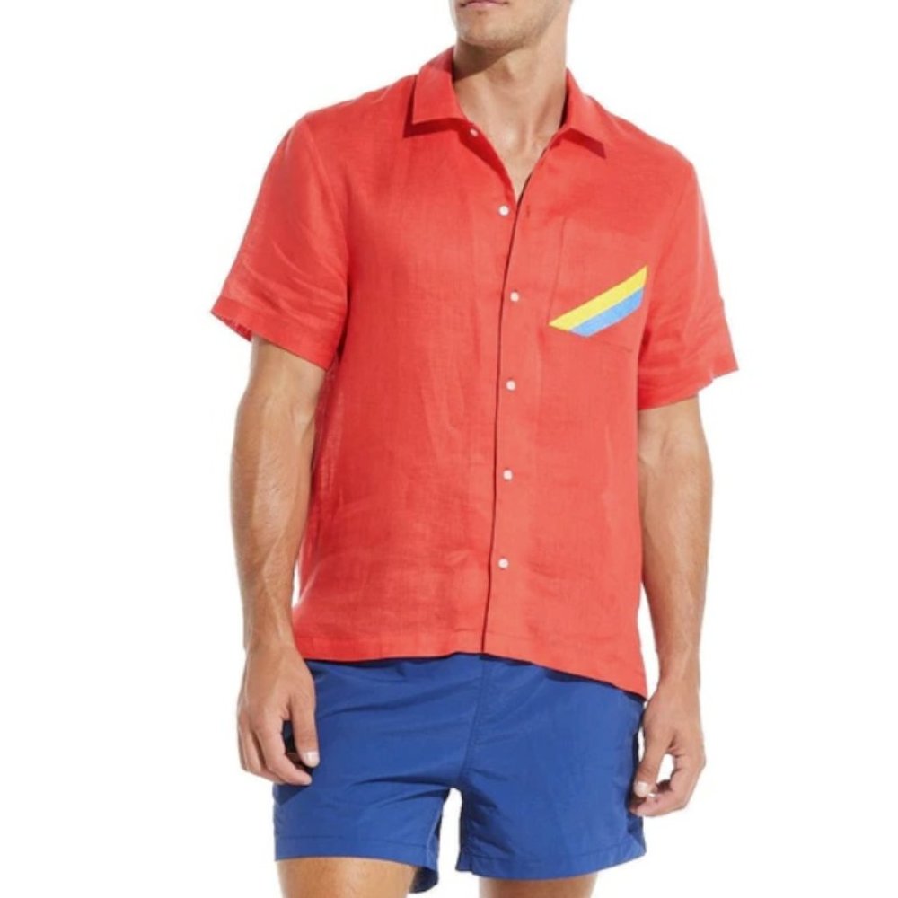 Solid & Striped The Cabana Linen Pocket Stripe Shirt Cherry ( M )